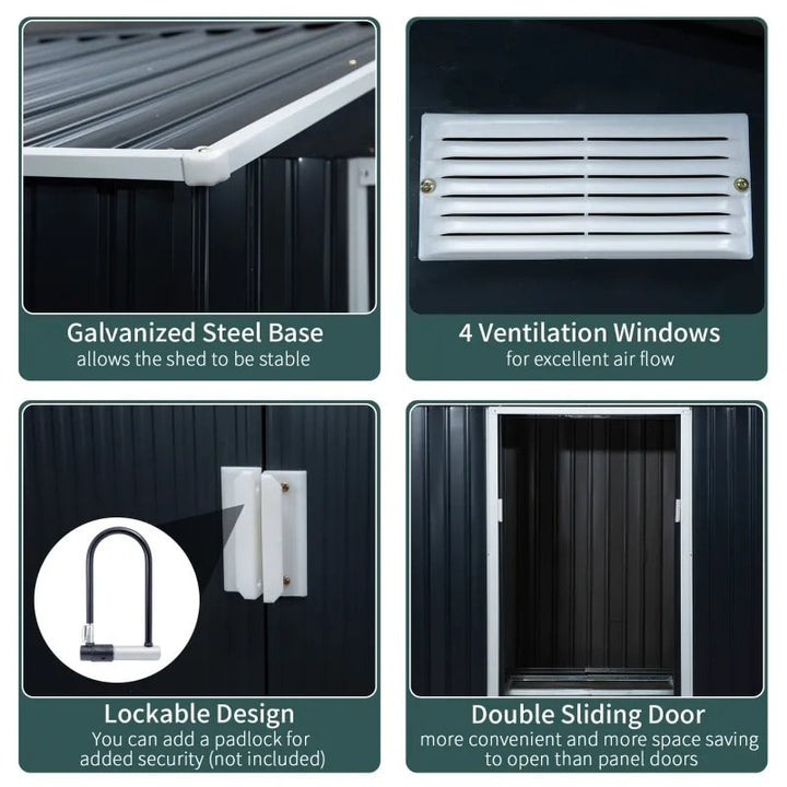 7’ x 4’ x 6’ Galv Steel Outdoor Storage Shed Organizer w Doors Patio Garden Backyard, Dark Grey