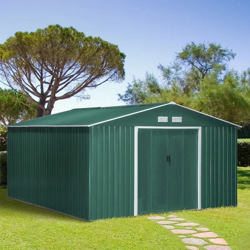 11.2 x 12.6 x 6.5’ Large Galv Steel Outdoor Storage Tool Work Shed for Garden Backyard, Green