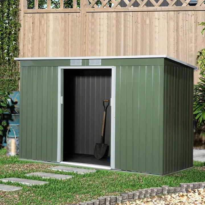 9.2 x 4.2 x 5.6' Compact Galv Steel Outdoor Storage Tool Garden Garbage Recycle Bin Shed, Green