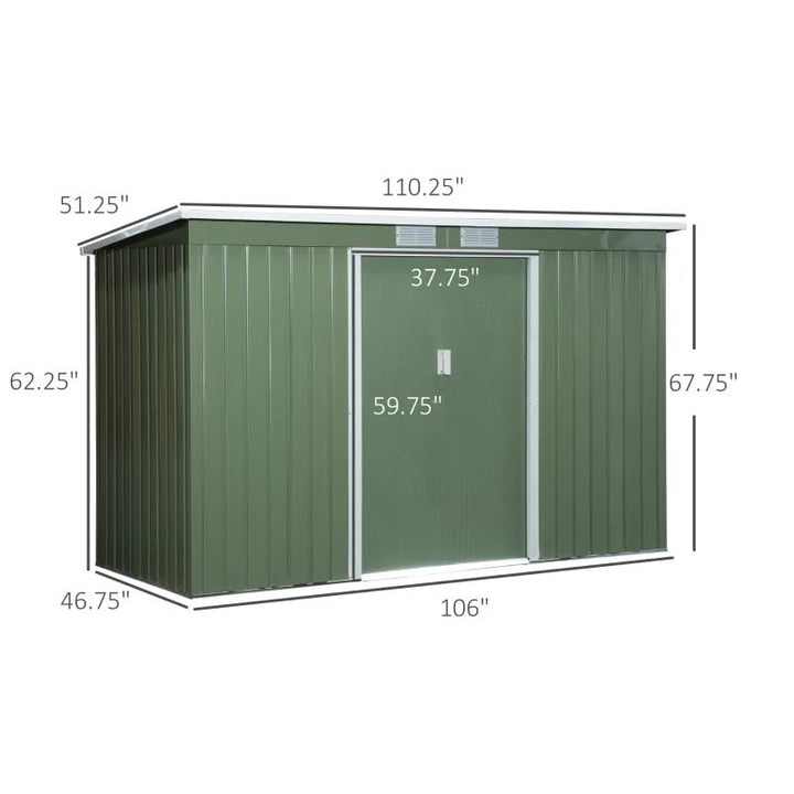 9.2 x 4.2 x 5.6' Compact Galv Steel Outdoor Storage Tool Garden Garbage Recycle Bin Shed, Green