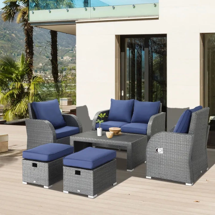 6pc PE Rattan Wicker Compact Conversation Set w Recliners, Footstools Outdoor Patio, Blue, Grey