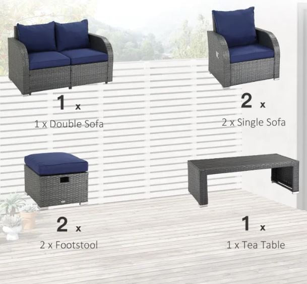 6pc PE Rattan Wicker Compact Conversation Set w Recliners, Footstools Outdoor Patio, Blue, Grey