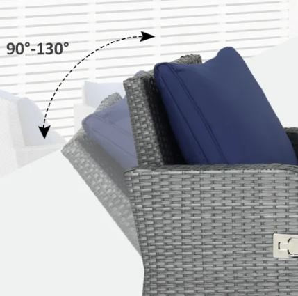 6pc PE Rattan Wicker Compact Conversation Set w Recliners, Footstools Outdoor Patio, Blue, Grey