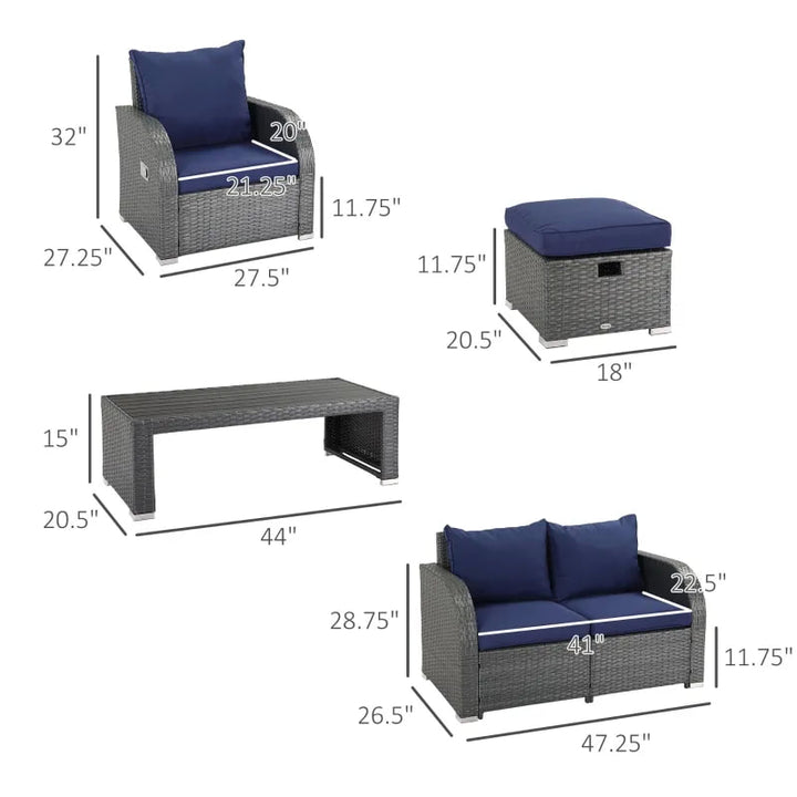 6pc PE Rattan Wicker Compact Conversation Set w Recliners, Footstools Outdoor Patio, Blue, Grey