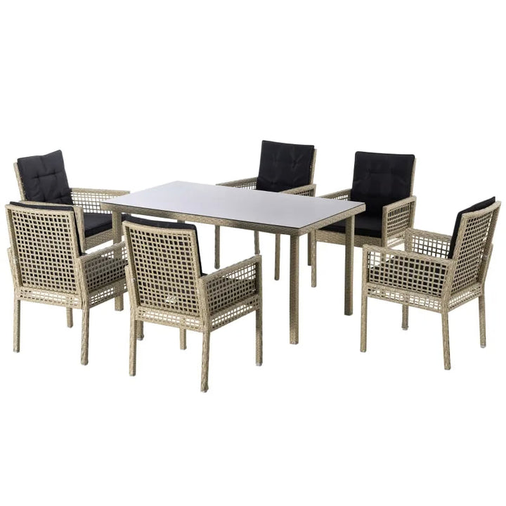 7pc Premium PE Rattan Wicker Outdoor Patio Dining Table w 6 Armchairs, Cushions - Black & Tan
