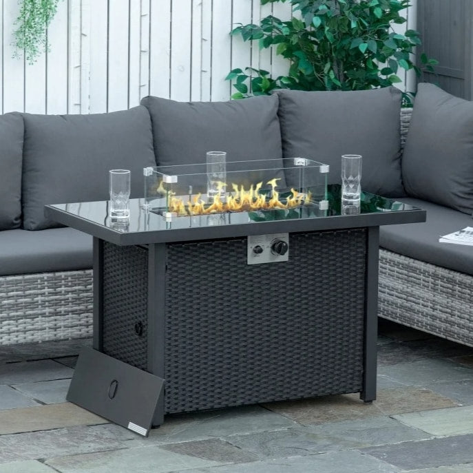 43" 50,000 BTU Propane Gas Fire Pit Table w Glass Top, Stones, Wind Shield, Cover, Black Rattan