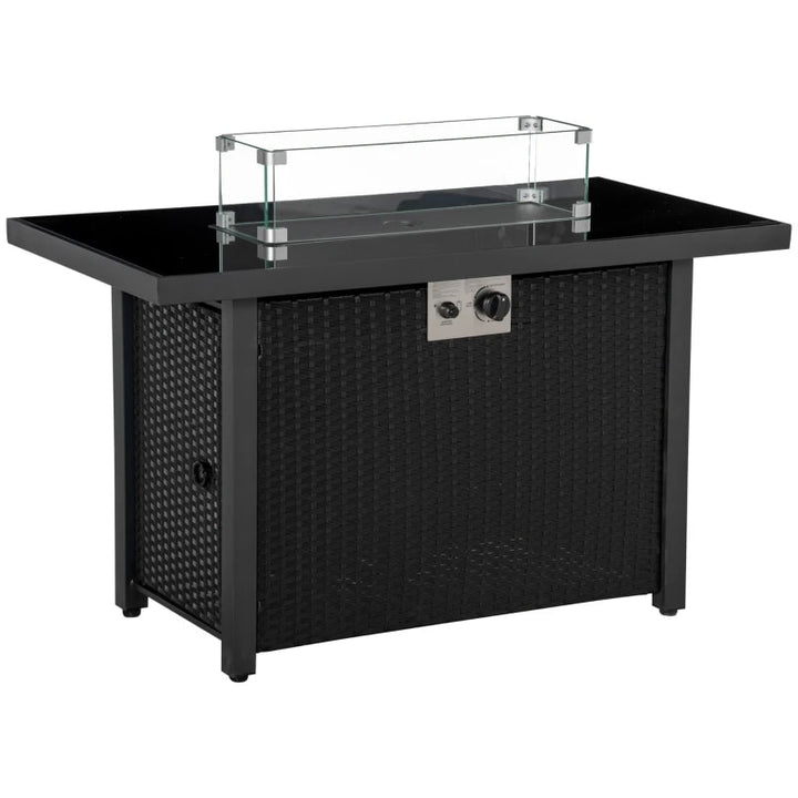 43" 50,000 BTU Propane Gas Fire Pit Table w Glass Top, Stones, Wind Shield, Cover, Black Rattan