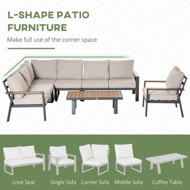 6pc, 7-Seat Luxury Aluminum L-Shape Sectional Conversation Set w Teak Table Outdoor Patio Cream