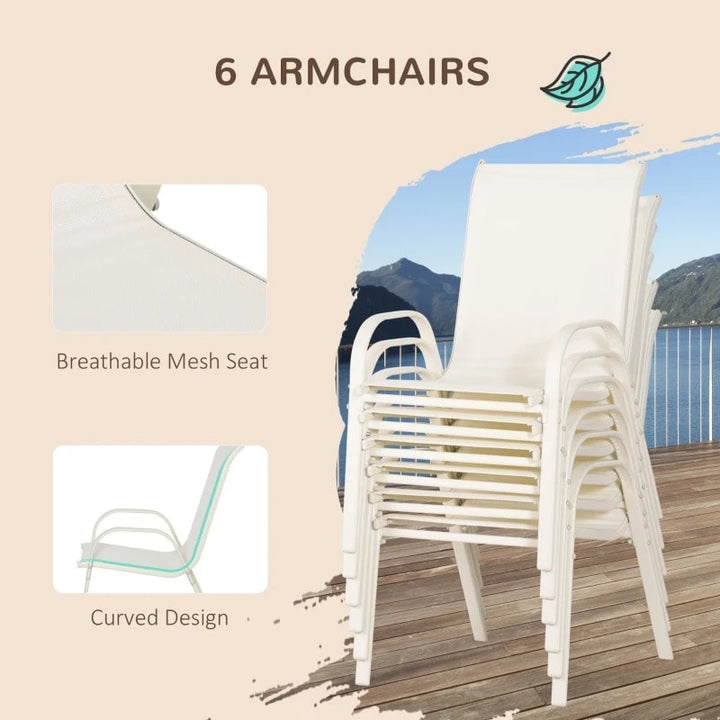 8pc Outdoor Dining Glass Table Set, 6 Mesh Chairs, 9' Tilting Umbrella Patio Deck, Cream White