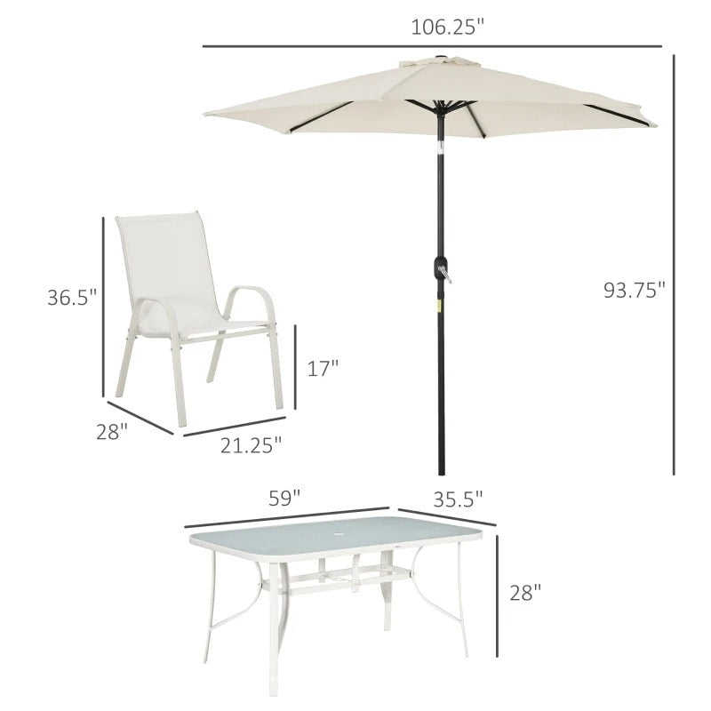 8pc Outdoor Dining Glass Table Set, 6 Mesh Chairs, 9' Tilting Umbrella Patio Deck, Cream White