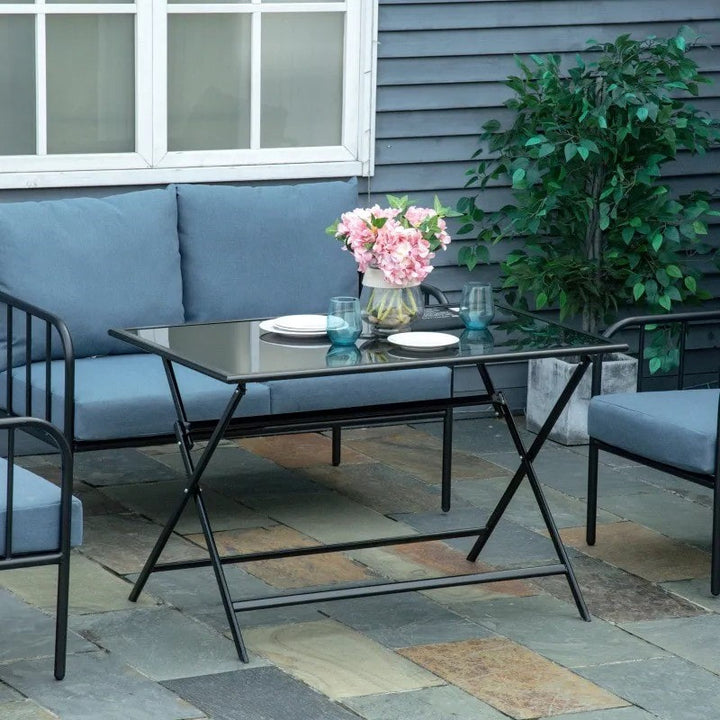 43" x 27.5" Folding Rectangle Glass Steel Dining Table Outdoor Deck Patio, Umbrella Hole, Black