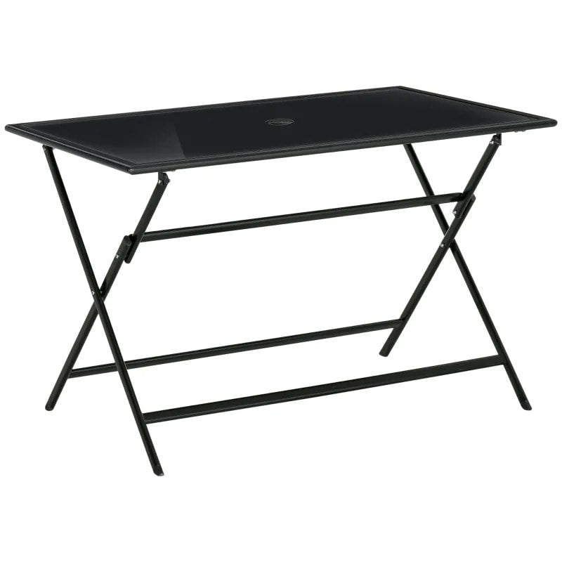 43" x 27.5" Folding Rectangle Glass Steel Dining Table Outdoor Deck Patio, Umbrella Hole, Black