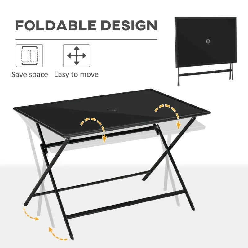 43" x 27.5" Folding Rectangle Glass Steel Dining Table Outdoor Deck Patio, Umbrella Hole, Black