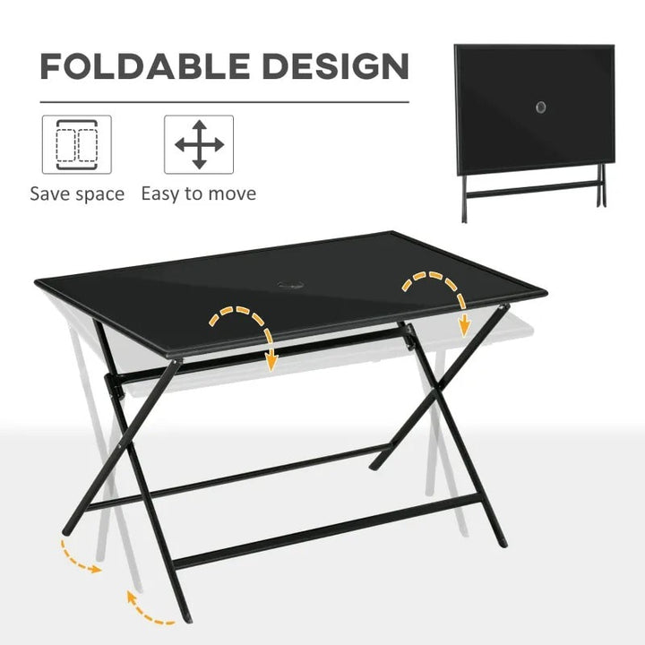 43" x 27.5" Folding Rectangle Glass Steel Dining Table Outdoor Deck Patio, Umbrella Hole, Black