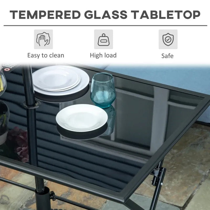 43" x 27.5" Folding Rectangle Glass Steel Dining Table Outdoor Deck Patio, Umbrella Hole, Black