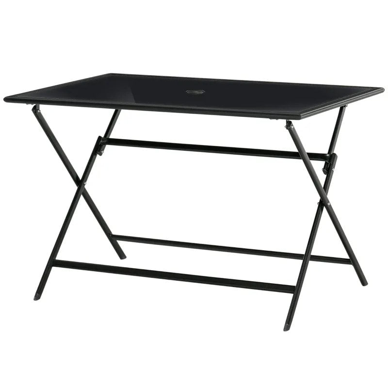 43" x 27.5" Folding Rectangle Glass Steel Dining Table Outdoor Deck Patio, Umbrella Hole, Black