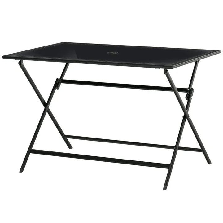 43" x 27.5" Folding Rectangle Glass Steel Dining Table Outdoor Deck Patio, Umbrella Hole, Black