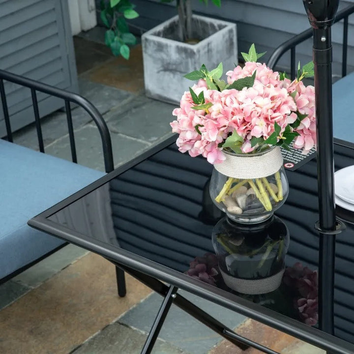 43" x 27.5" Folding Rectangle Glass Steel Dining Table Outdoor Deck Patio, Umbrella Hole, Black