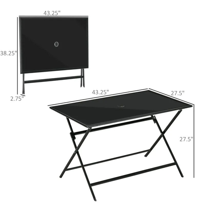 43" x 27.5" Folding Rectangle Glass Steel Dining Table Outdoor Deck Patio, Umbrella Hole, Black