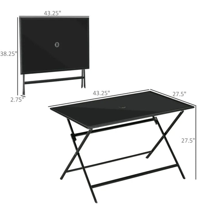 43" x 27.5" Folding Rectangle Glass Steel Dining Table Outdoor Deck Patio, Umbrella Hole, Black