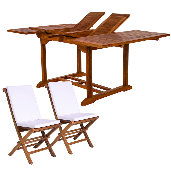 9pc 50-75" Butterfly Leaf Extension Table Patio Dining Set, 8 Chairs, Cushions, Solid Teak Wood