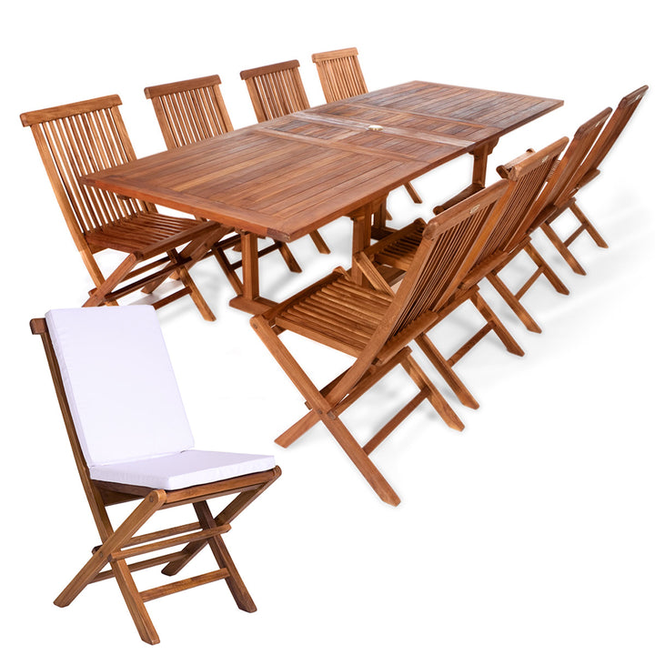9pc 72-95" Butterfly Leaf Extension Table Patio Dining Set, 8 Chairs, Cushions, Solid Teak Wood