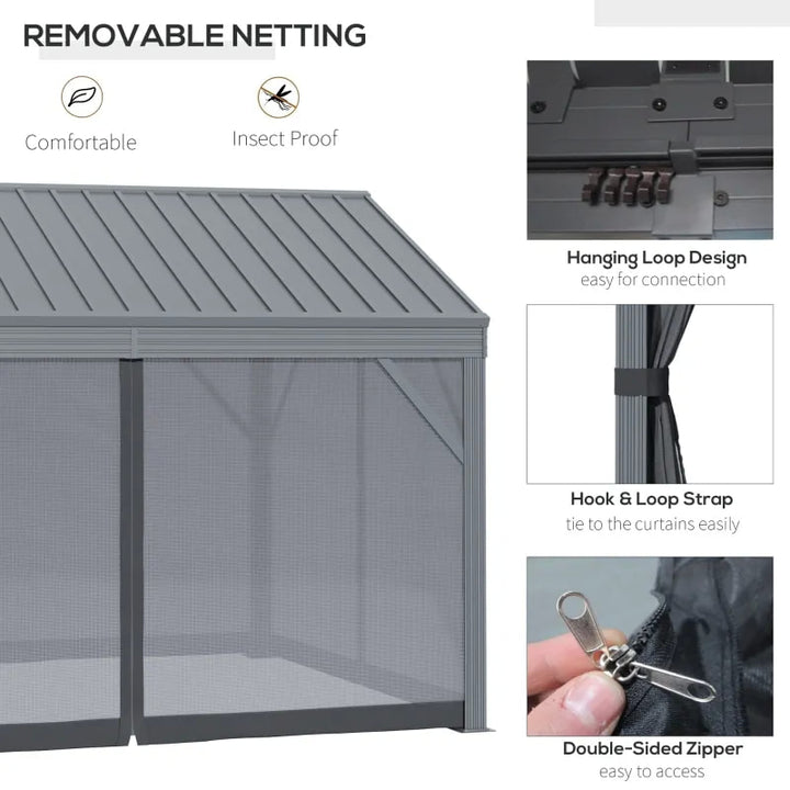 12' x 10' Aluminum Frame Gazebo Canopy Shelter w Steel Hardtop Pavilion Roof, Mesh Walls, Grey