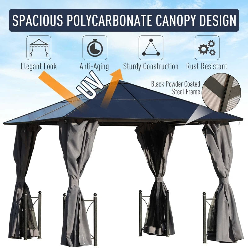 10' x 10' Aluminum PC Hardtop Gazebo Canopy Shelter w Curtains, Mesh, Patio Deck, Black & Grey