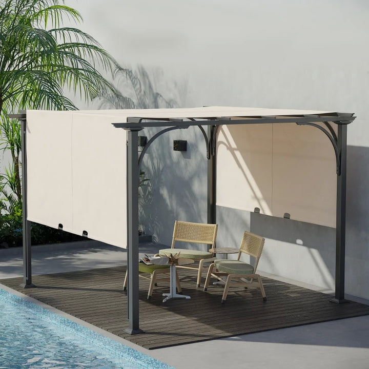 10' x 10' Steel Pergola Gazebo Shelter w Retractable Fabric Roof for Deck Patio, Grey, Lt Beige