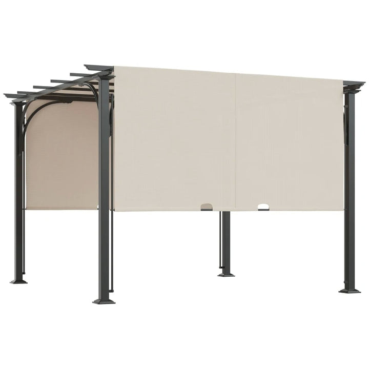 10' x 10' Steel Pergola Gazebo Shelter w Retractable Fabric Roof for Deck Patio, Grey, Lt Beige