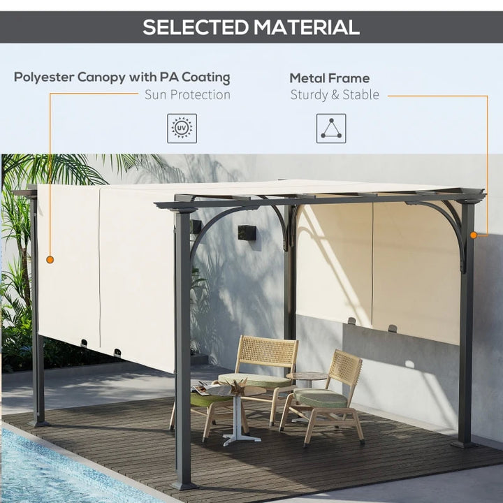 10' x 10' Steel Pergola Gazebo Shelter w Retractable Fabric Roof for Deck Patio, Grey, Lt Beige
