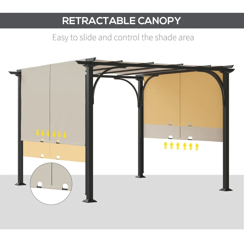 10' x 10' Steel Pergola Gazebo Shelter w Retractable Fabric Roof for Deck Patio, Grey, Lt Beige