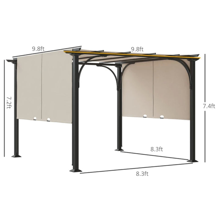 10' x 10' Steel Pergola Gazebo Shelter w Retractable Fabric Roof for Deck Patio, Grey, Lt Beige