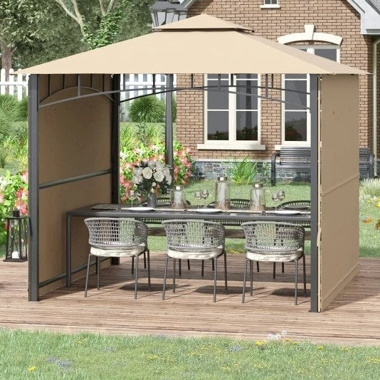 10' x 10' Steel Gazebo Canopy Shelter w Double Awnings, Fabric Roof for Patio Deck, Grey Beige