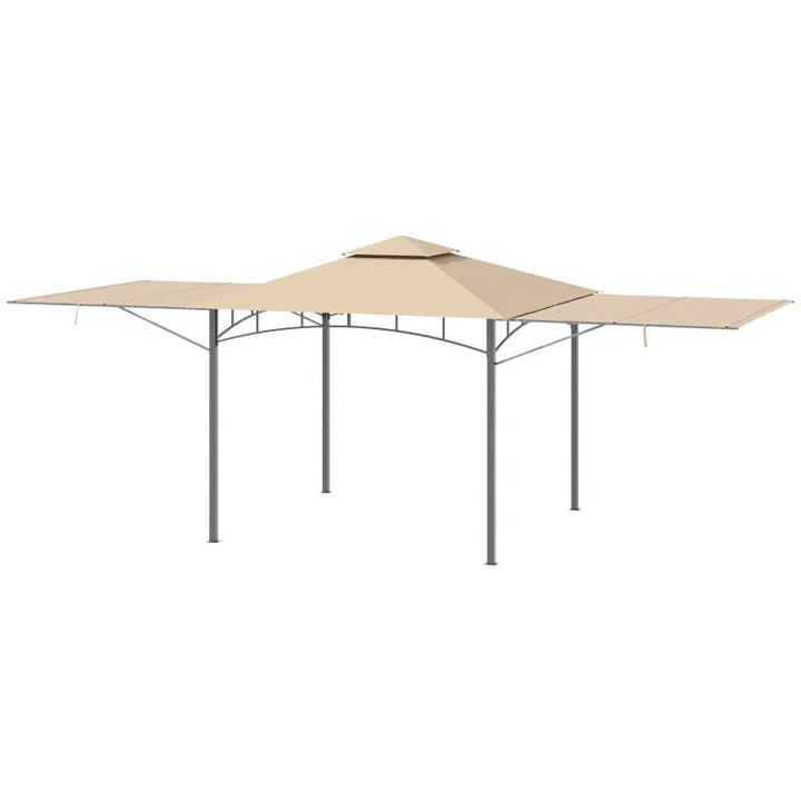 10' x 10' Steel Gazebo Canopy Shelter w Double Awnings, Fabric Roof for Patio Deck, Grey Beige