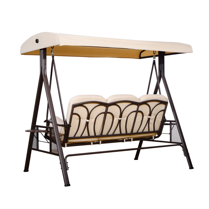 Heavy Duty Outdoor 3 Seater Porch Garden Swing Bench w Canopy & Cushions for Patio Deck, Beige
