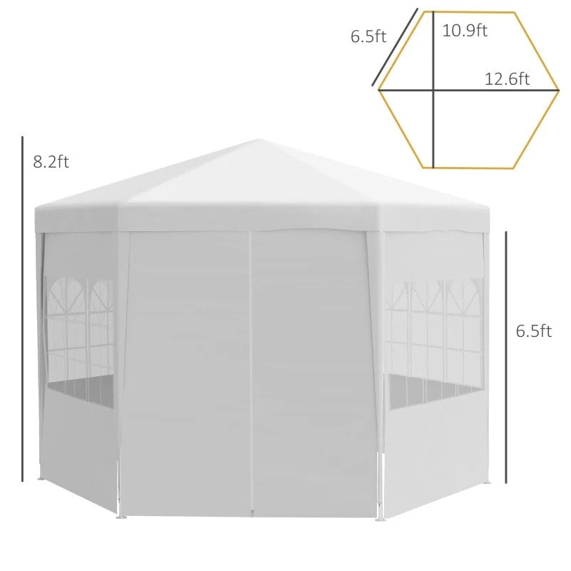13' Hexagonal Event Dinner Party Wedding Tent Gazebo Canopy Outdoor Garden w/ 6 Walls, White