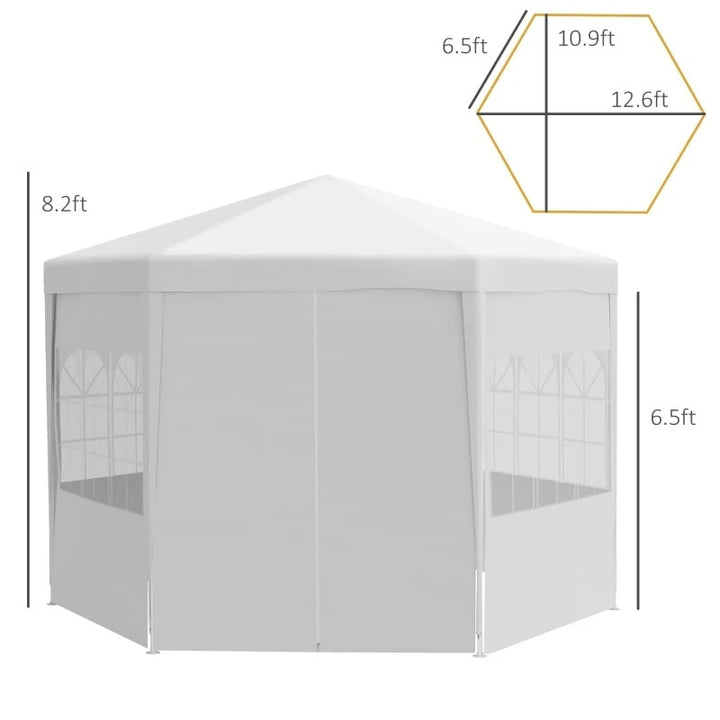 13' Hexagonal Event Dinner Party Wedding Tent Gazebo Canopy Outdoor Garden w/ 6 Walls, White