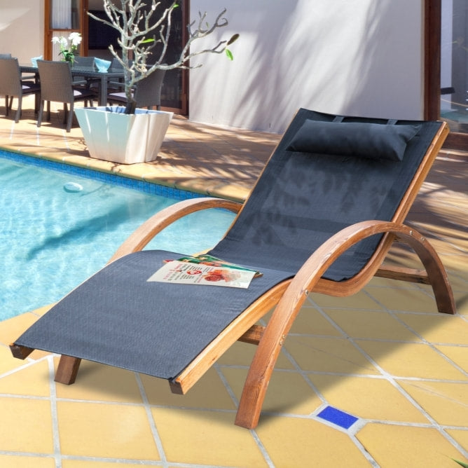 Chaise Reclining Sun Lounger Chair w Headrest, Outdoor Patio Deck Garden, Black & Stained Wood