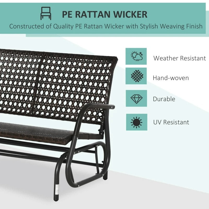 2 Seater PE Rattan Wicker Glider Porch Swing Rocking Bench Loveseat, Patio Deck Garden, Brown