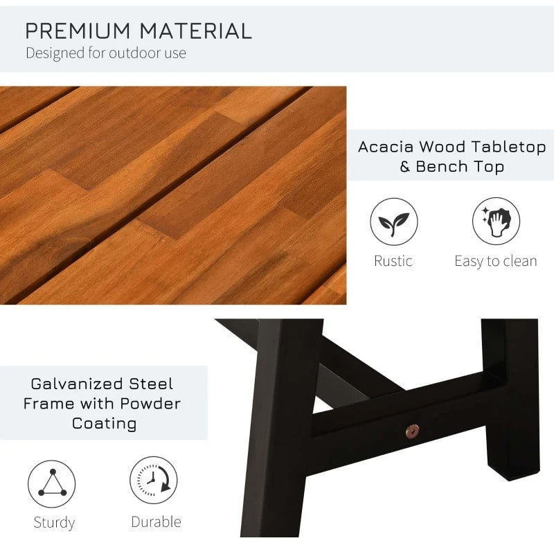 71" x 35" Rustic Outdoor Dining Picnic Table & Bench Patio Set, Acacia Wood w Galv Steel Frame