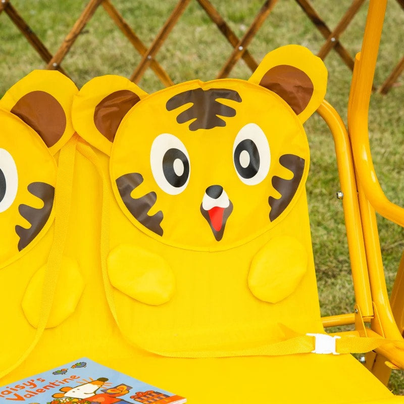 Outdoor 2-Seater Kid Swing Lounger w/ Adjustable Canopy for Patio Backyard Garden, Yellow Tiger
