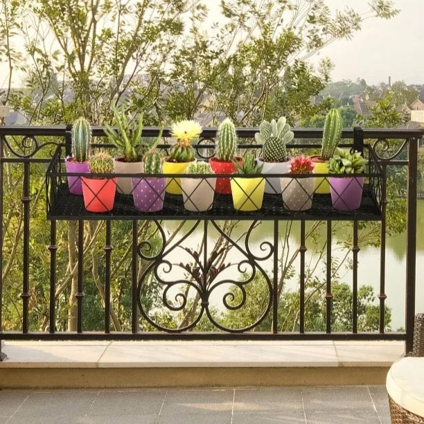 32" Metal Hanging Flower Pot Stand Shelf Rack w Hooks for Rail, Terrace, Fence, Balcony - Black