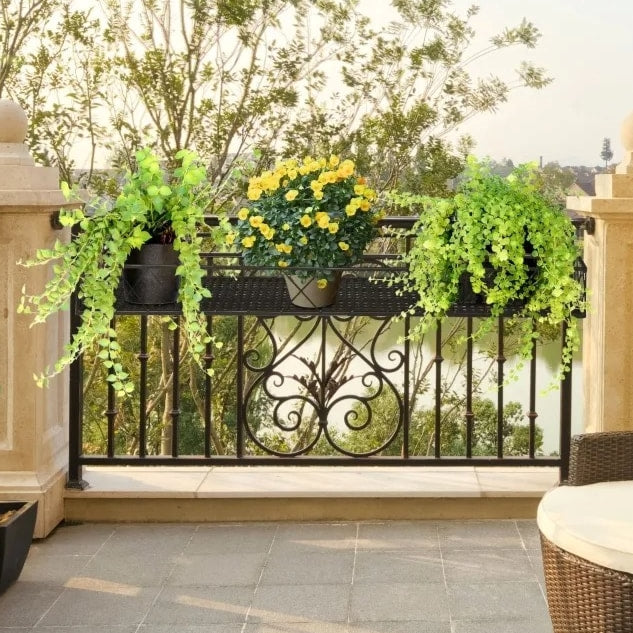 43" Metal Hanging Flower Pot Stand Shelf Rack w Hooks for Terrace, Rail, Fence, Balcony - Black