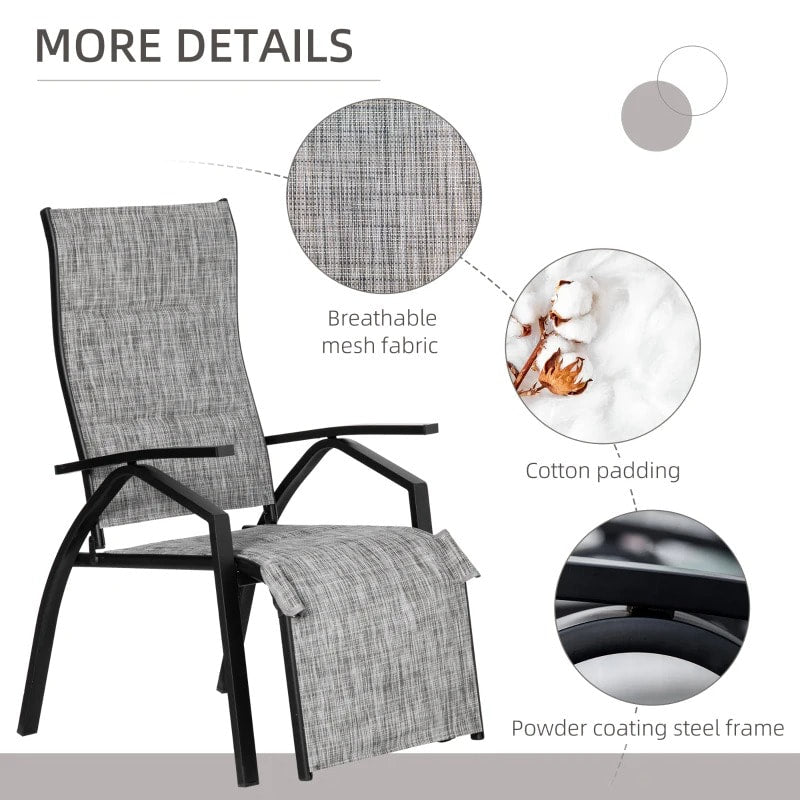 3pc Bistro Reclining Chairs Lounger Set w Footrests, Side Table for Outdoor Patio Deck, Grey