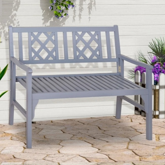 Folding 2-Seater Space Saver Wood Bench Love Seat for Outdoor Garden Patio Deck Porch - Grey
