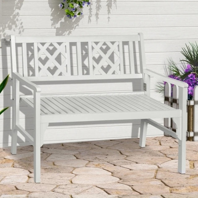 Folding 2-Seater Space Saver Wood Bench Love Seat for Outdoor Garden Patio Deck Porch - White