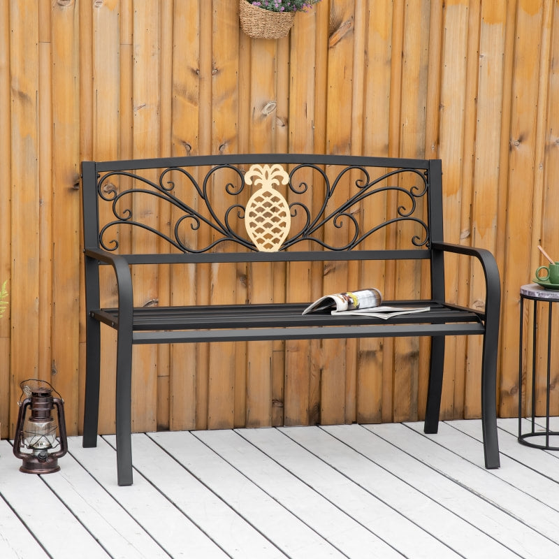 NEW 2-Seater Steel Metal Garden Park Bench Loveseat w Gold Accent, Outdoor Patio Deck Porch - Black