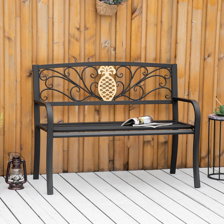 NEW 2-Seater Steel Metal Garden Park Bench Loveseat w Gold Accent, Outdoor Patio Deck Porch - Black