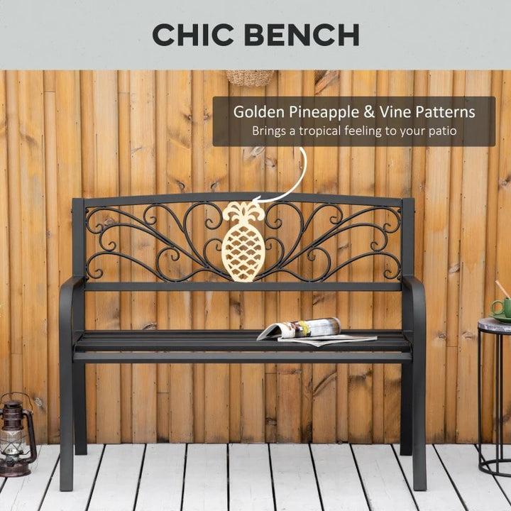 NEW 2-Seater Steel Metal Garden Park Bench Loveseat w Gold Accent, Outdoor Patio Deck Porch - Black